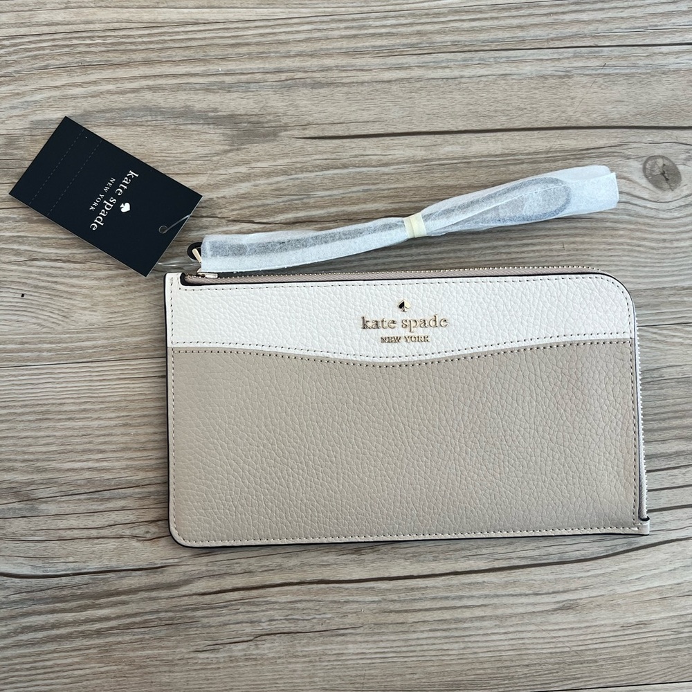 NEW Kate Spade Lucy Medium L-Zip Leather Wristlet In Color Block Light Sand NWT!